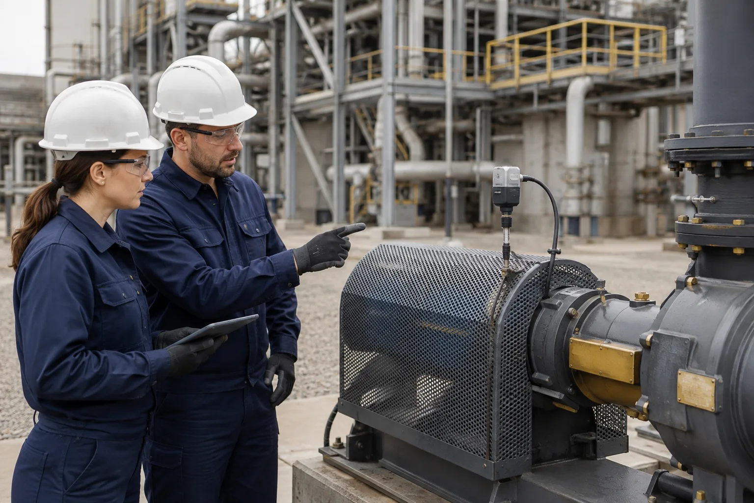 Two colleagues review an externally mounted sensor beside guarded equipment