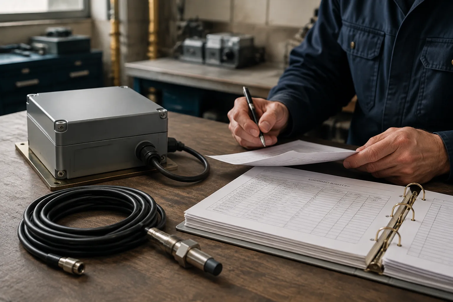 An industrial sensor and gateway sit beside equipment mapping records