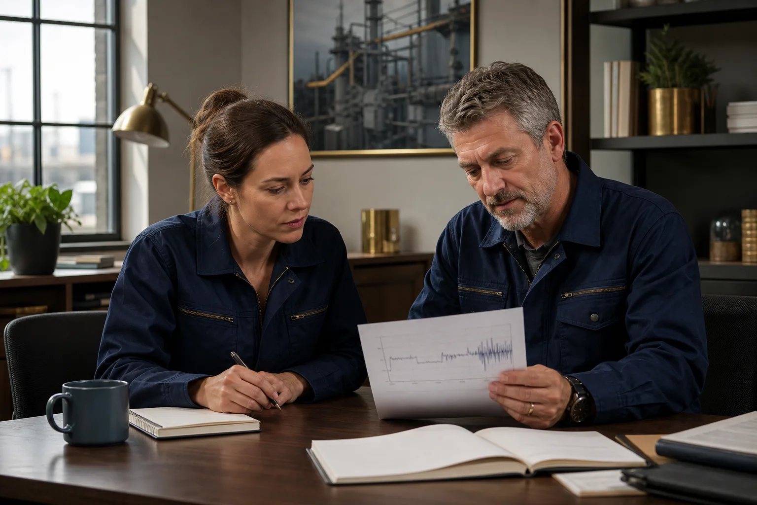 Two colleagues compare printed condition trends with operating context notes