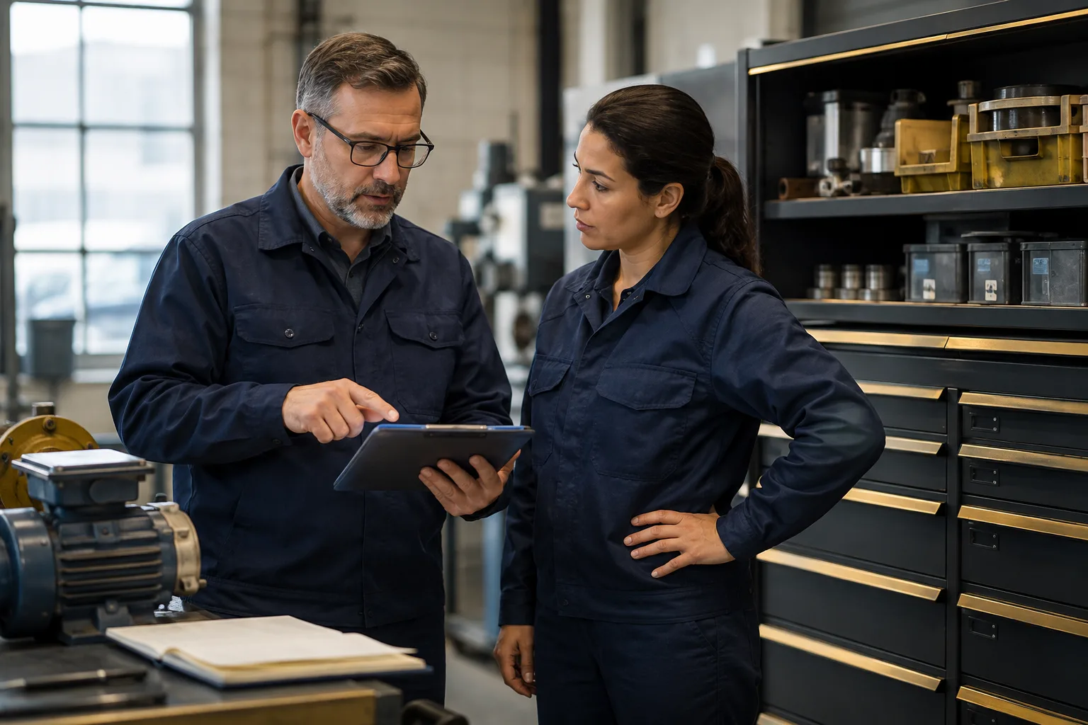 A planner and technician discuss a condition finding beside parts storage