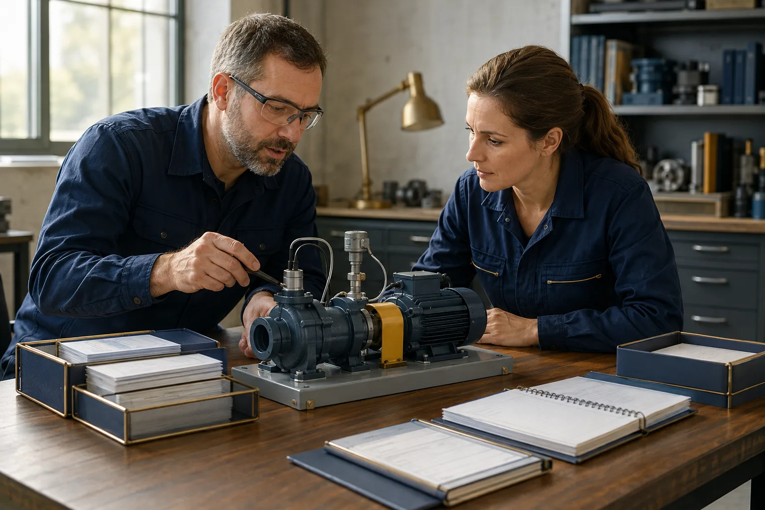 Two colleagues review equipment identity using a pump model and records