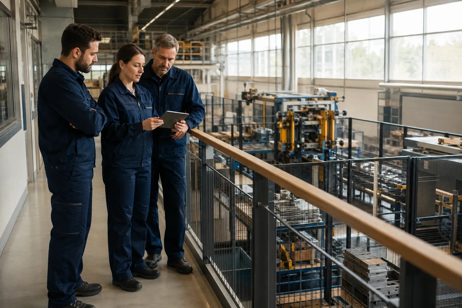 A manufacturing team reviews a pilot from a guarded production aisle
