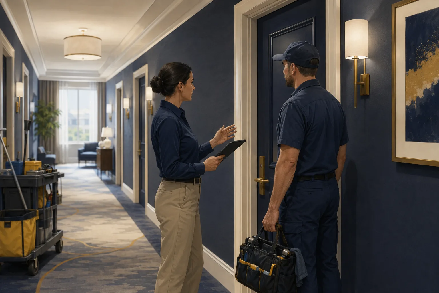 A facilities coordinator and technician discuss work at a hotel room doorway