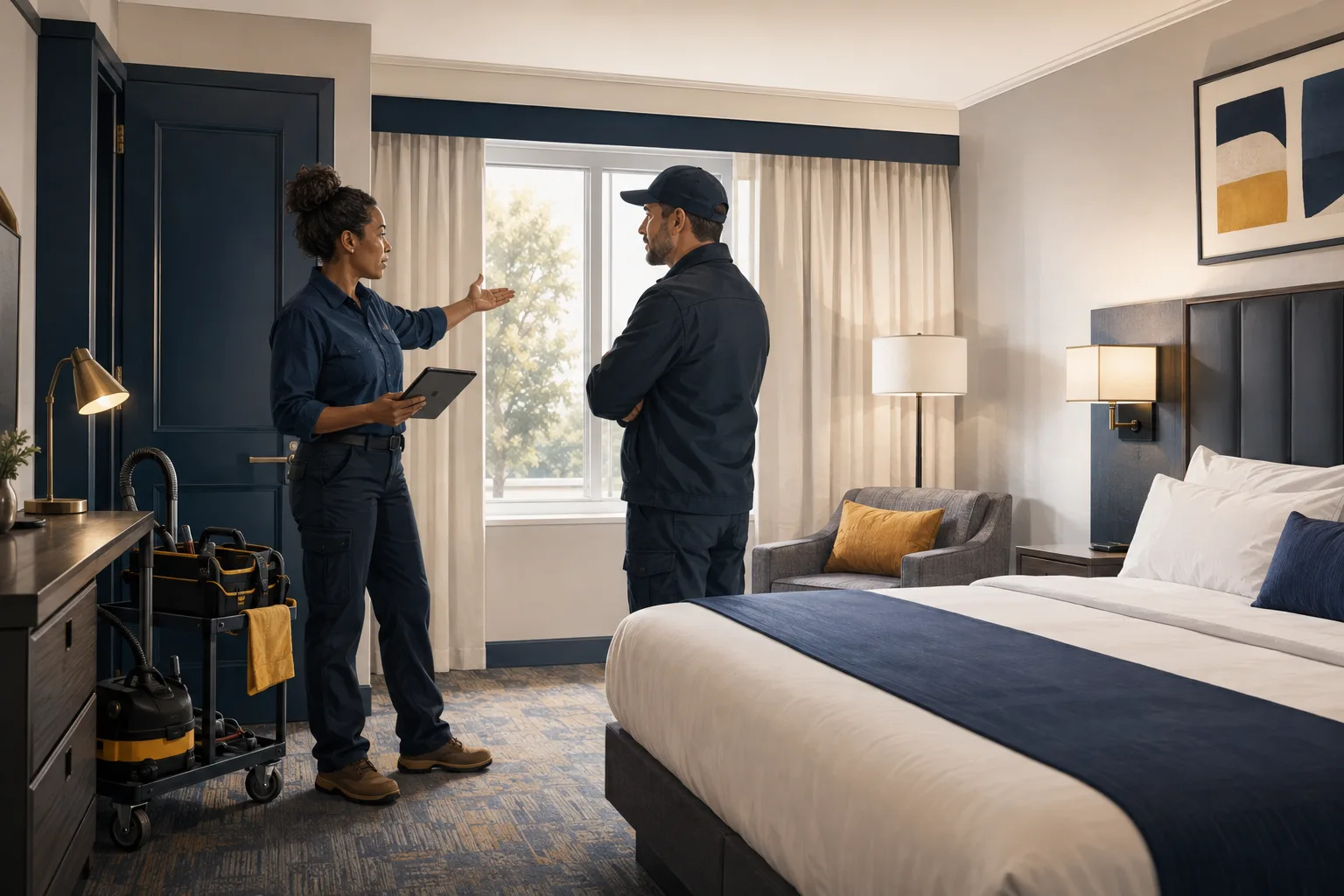 Facilities staff review a repaired room before returning it to service
