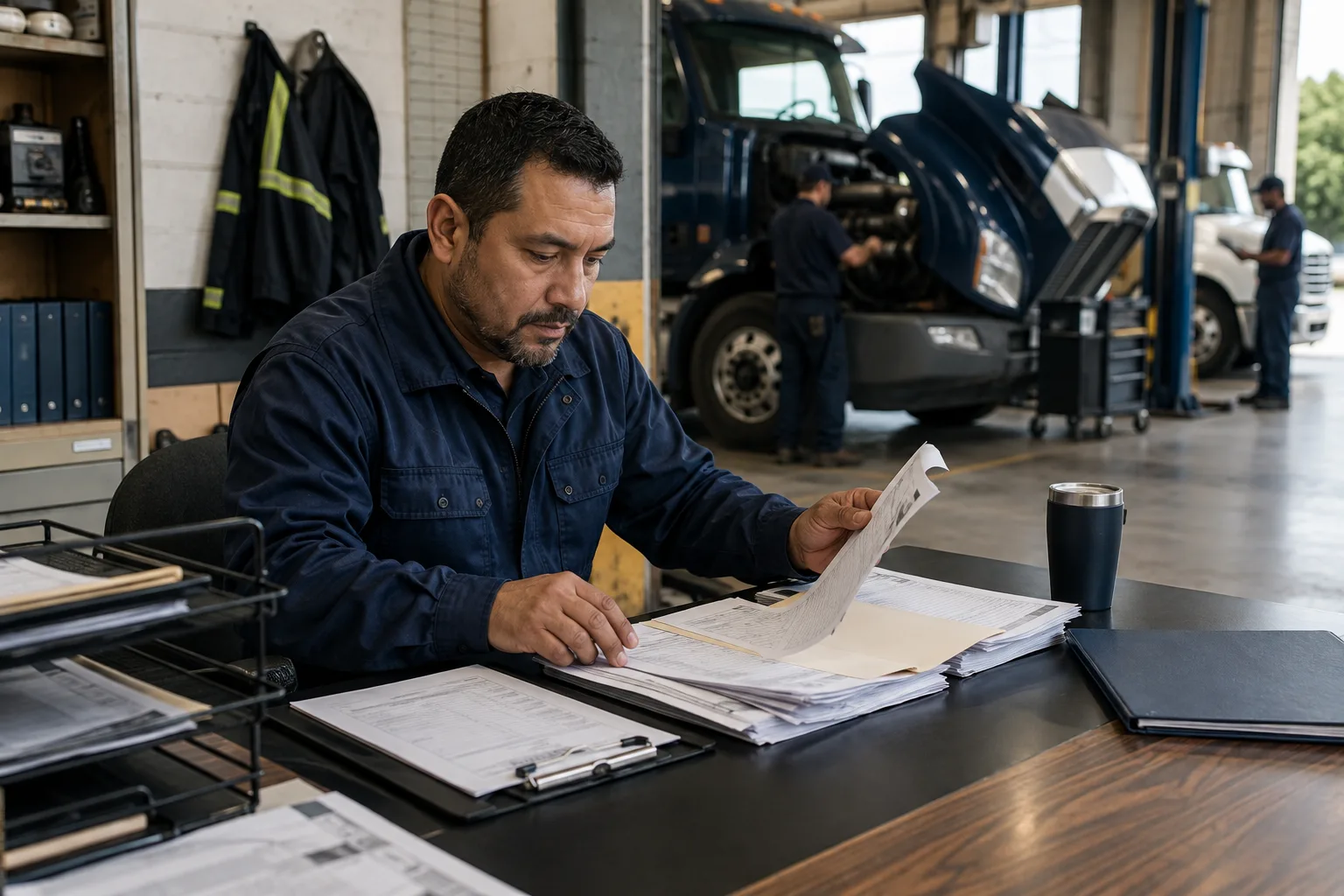 A fleet coordinator reviews service folders at a vehicle depot