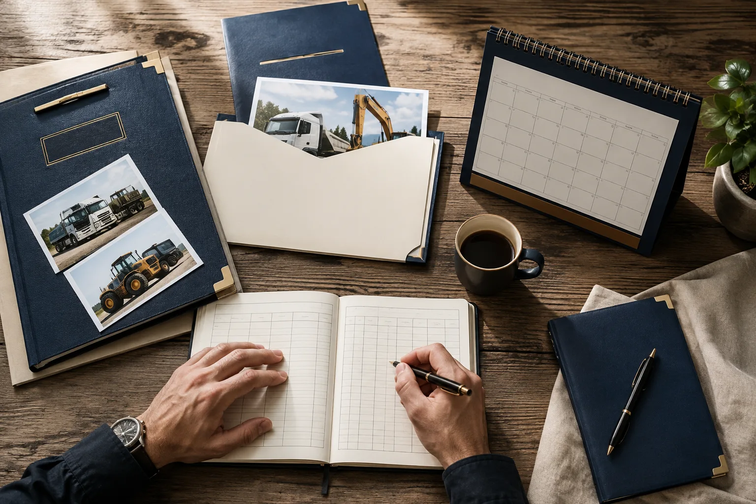 Service folders, a maintenance log and calendar arranged on a planning desk