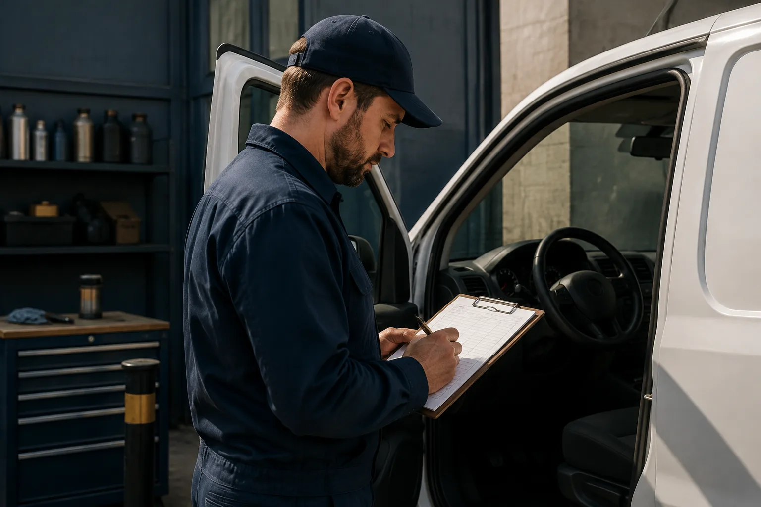 A mechanic checks a parked vehicle reading for the service log