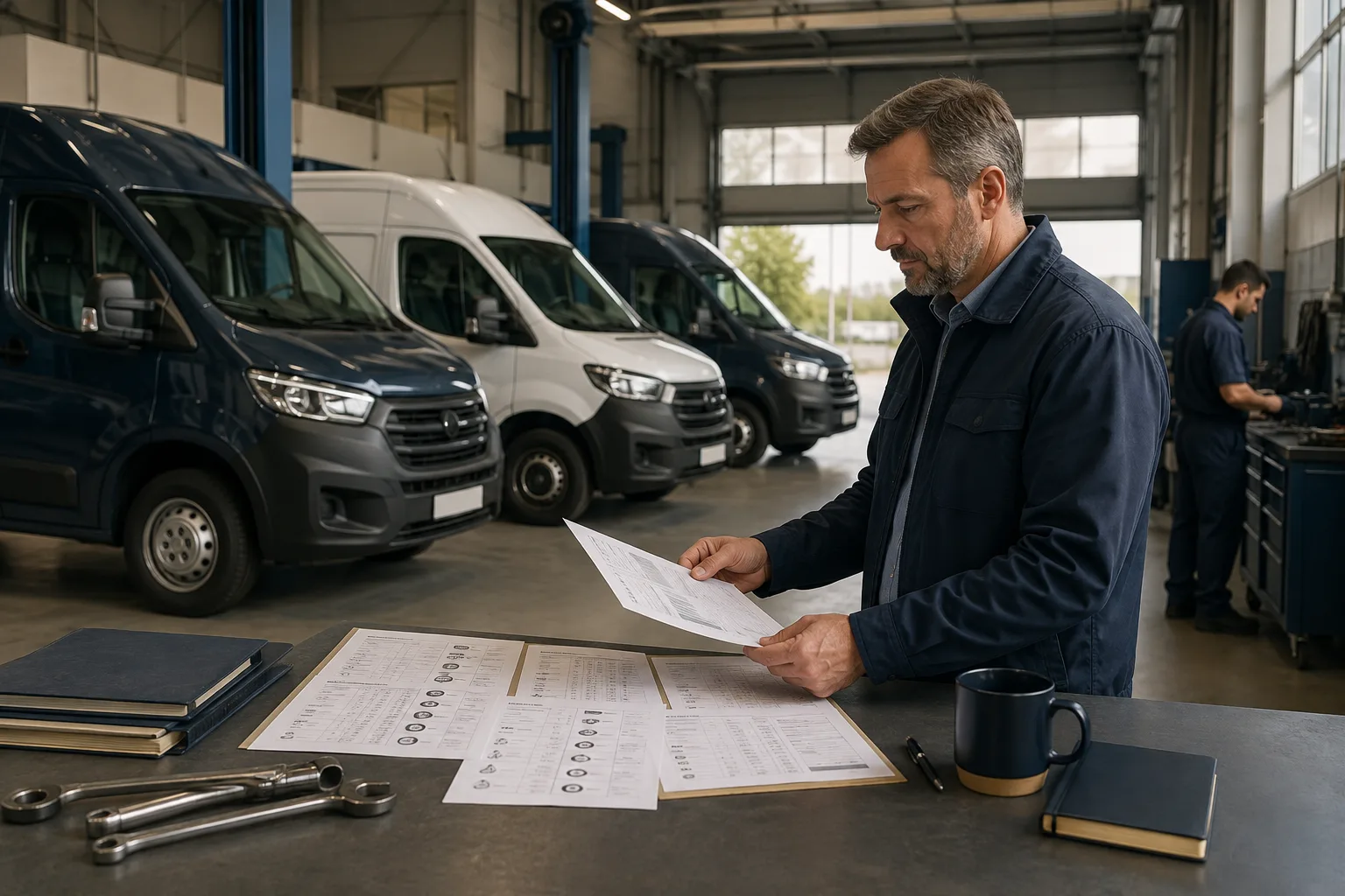A fleet manager reviews upcoming service records beside parked vans