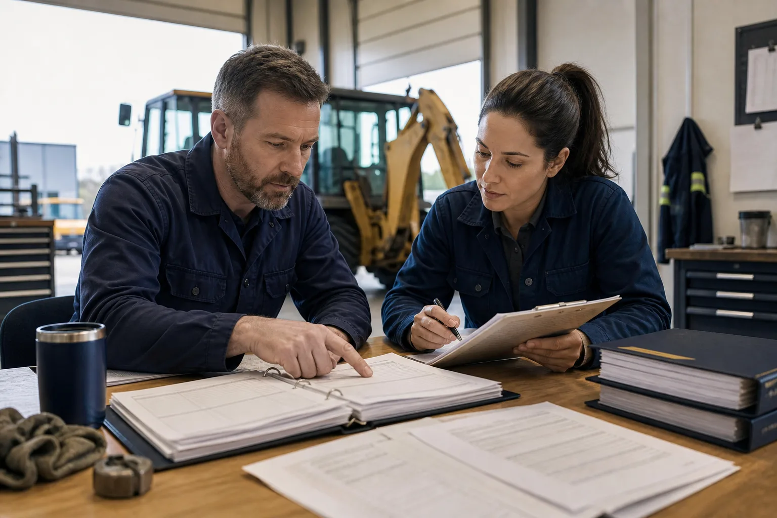 Two fleet staff reconcile a completed vehicle service with its paperwork