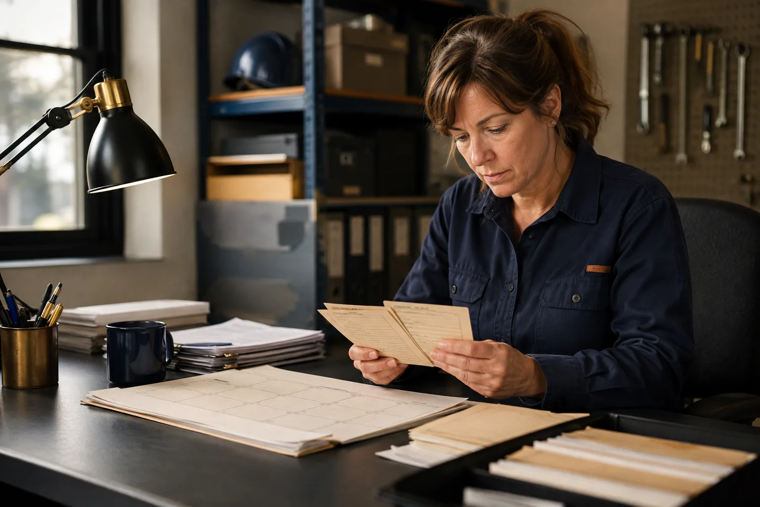 A maintenance planner reviews due-work cards beside a calendar