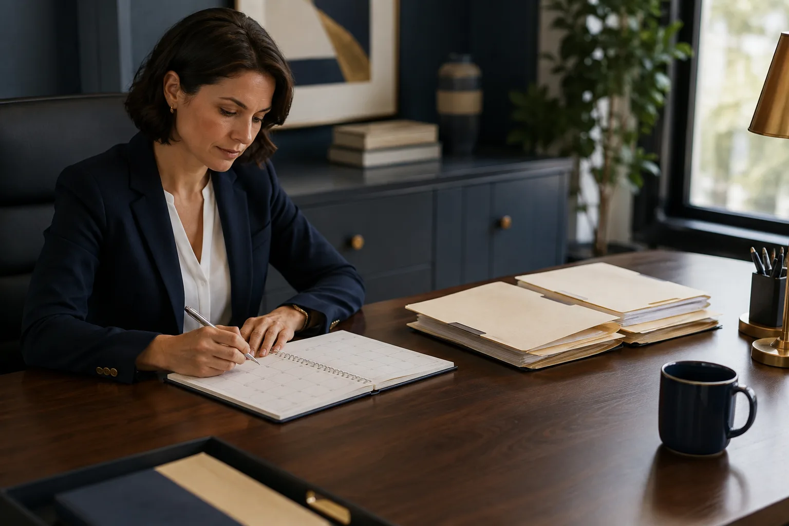 A coordinator compares job folders with a paper planning calendar