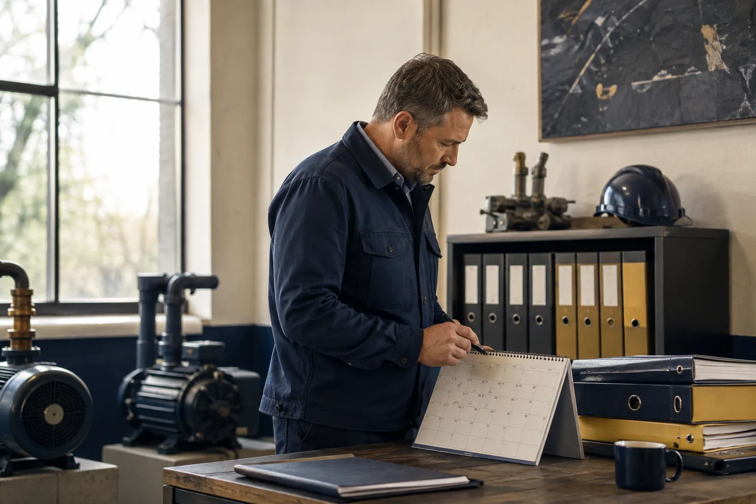 A maintenance manager reviews a calendar beside equipment folders