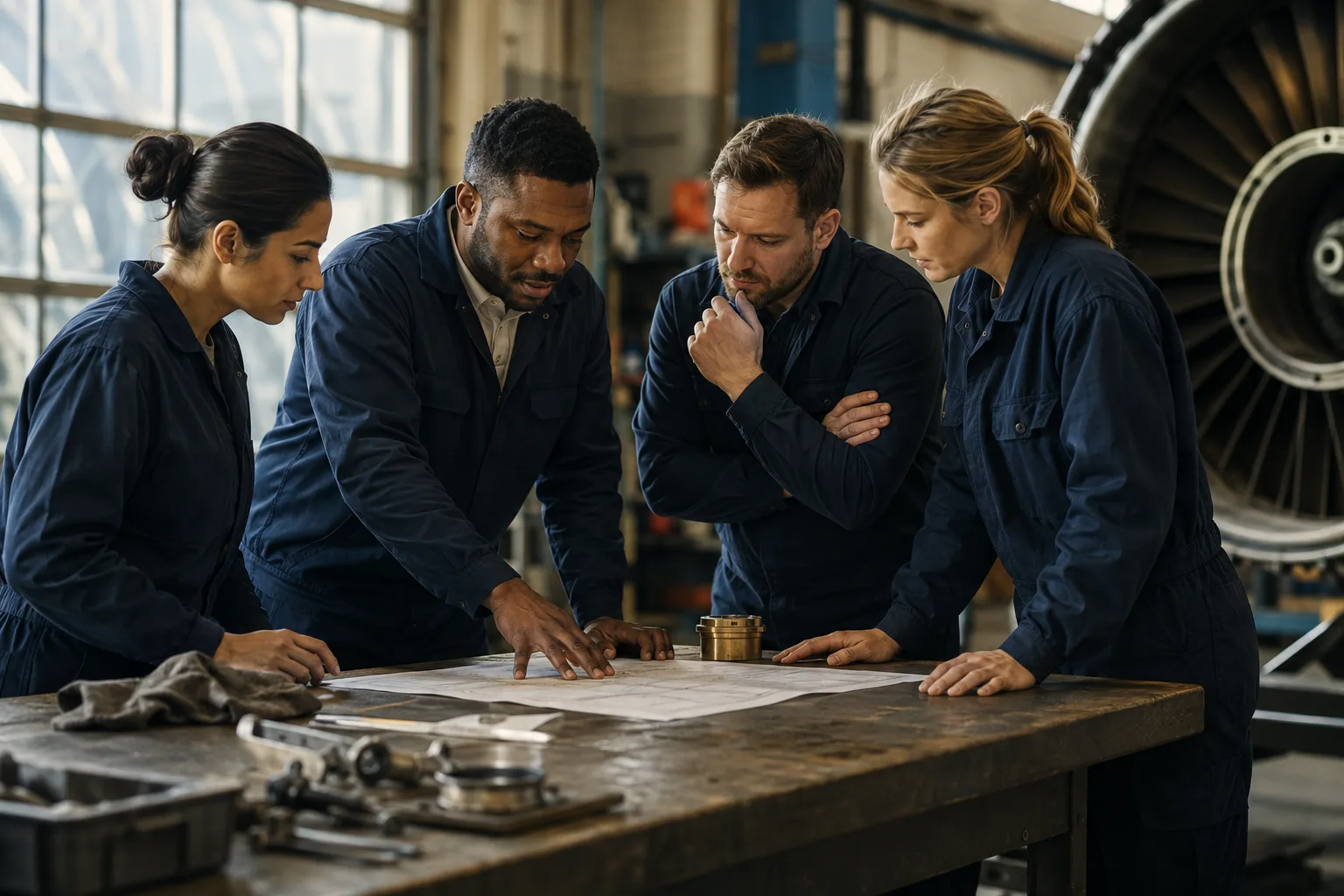 A maintenance team reviews upcoming deadlines at a workshop table