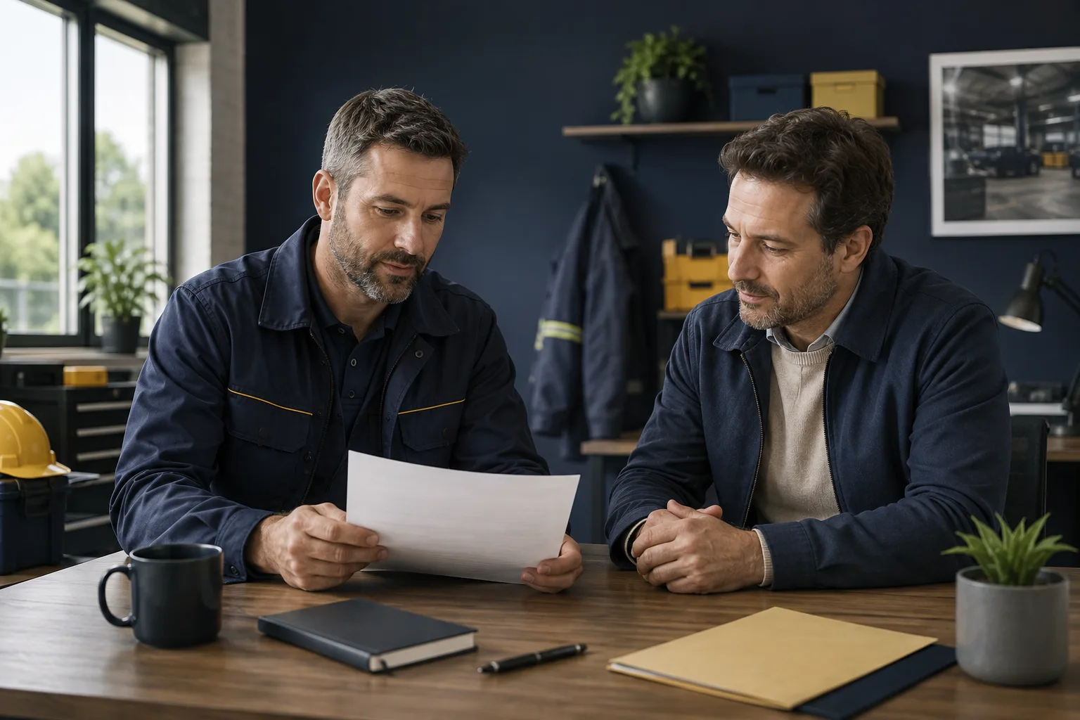 A maintenance contractor and customer review the proposed scope on a paper quote