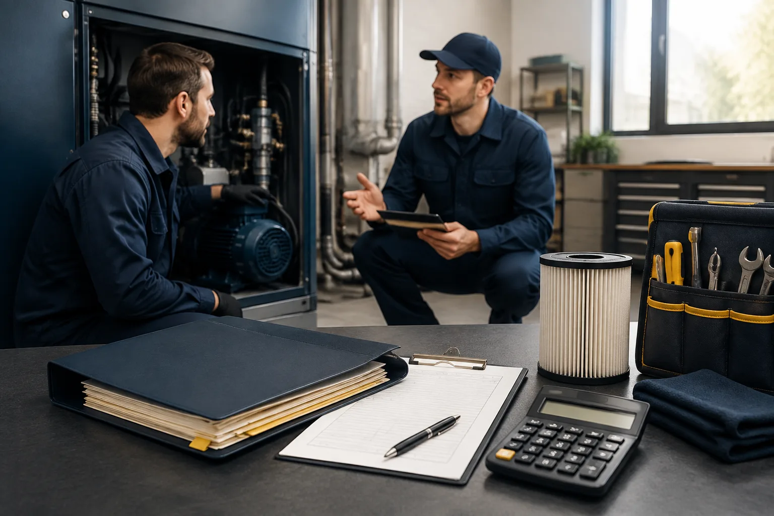A calculator, service folder and replacement filter support a maintenance estimate