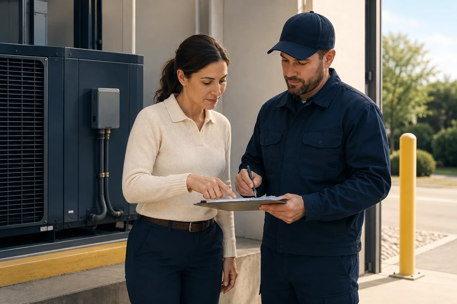 A contractor and customer review acceptance paperwork beside HVAC equipment
