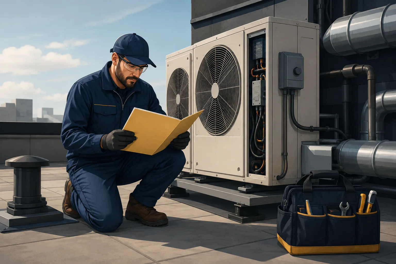 A technician reviews the job folder beside rooftop HVAC equipment