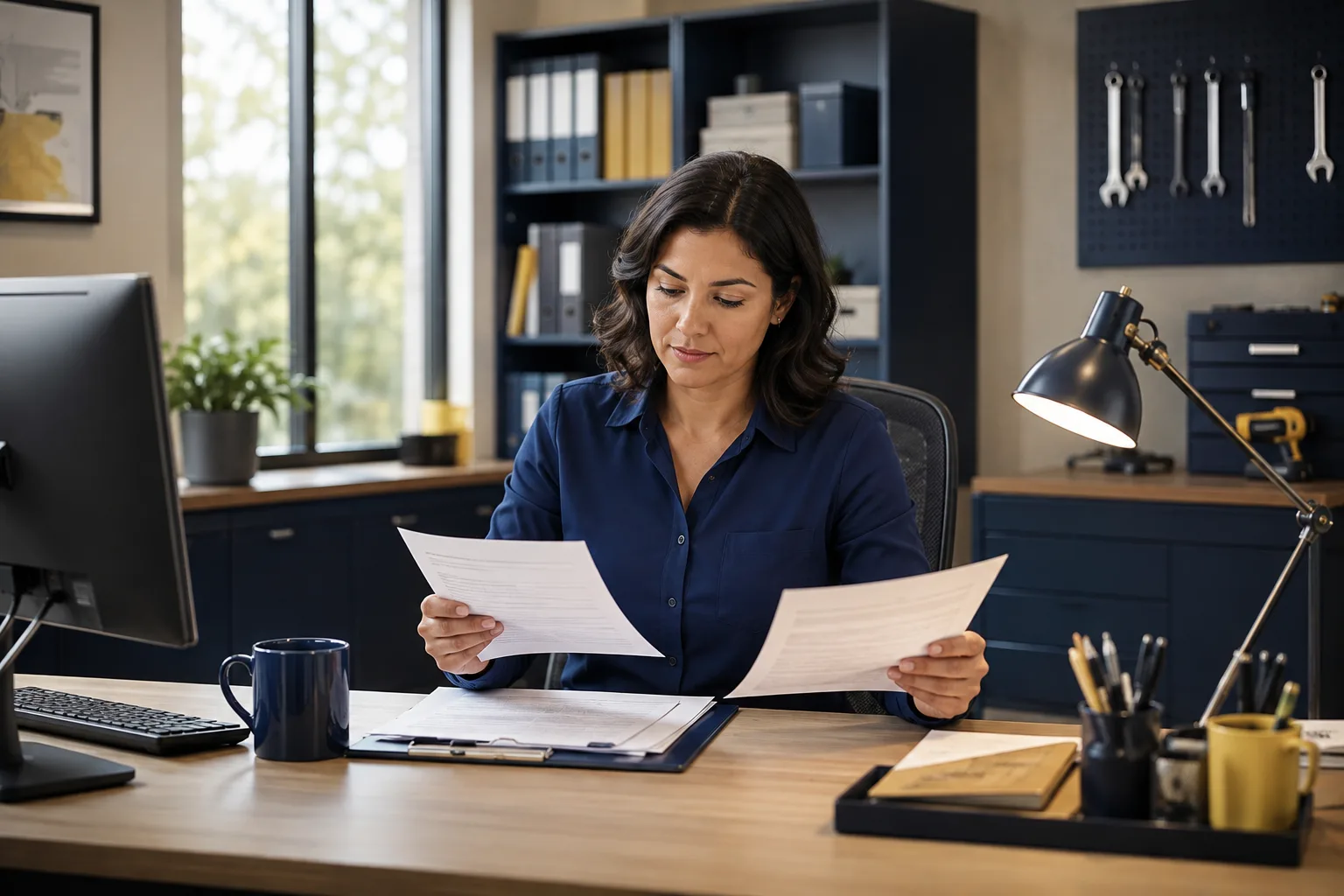 An administrator reconciles service paperwork with an invoice and payment record