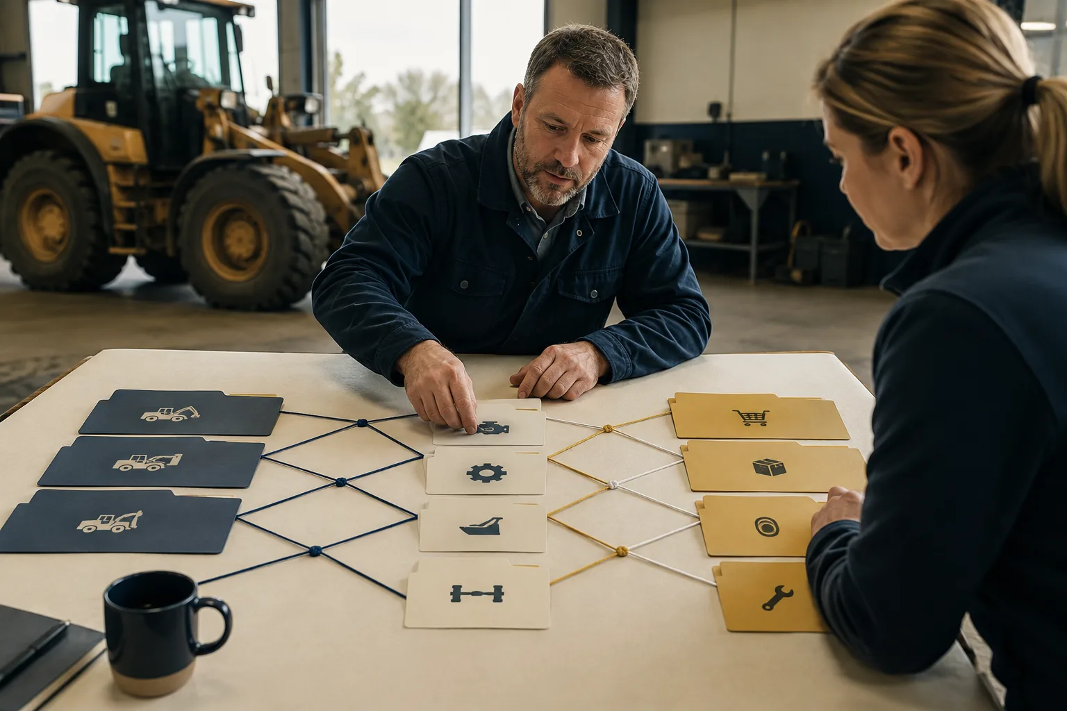 Paper record cards connected by strings illustrate a maintenance data mapping