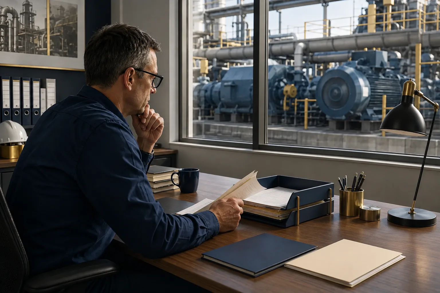 A planner reviews paper exception records in an industrial office