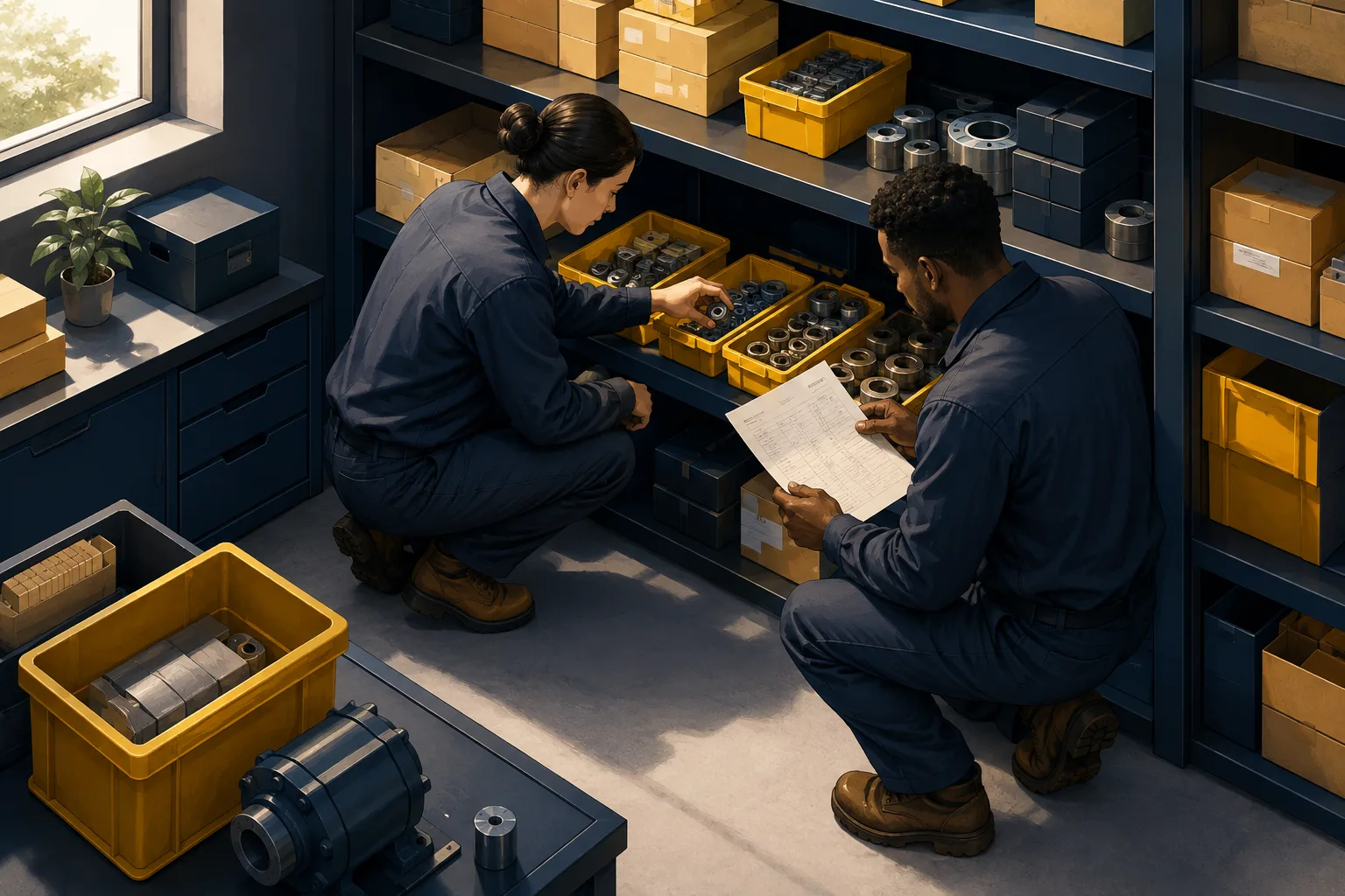 Illustration of two staff counting spare parts and checking a paper inventory record together