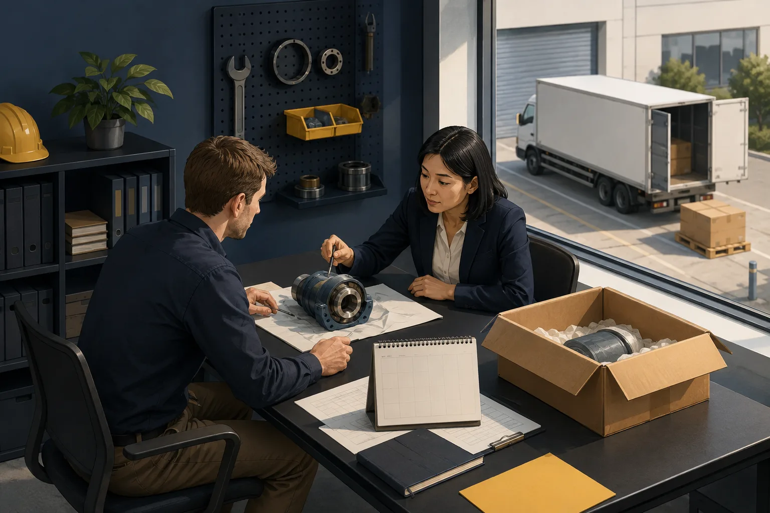 Illustration of a purchaser and maintenance planner reviewing a spare component, calendar and delivery paperwork
