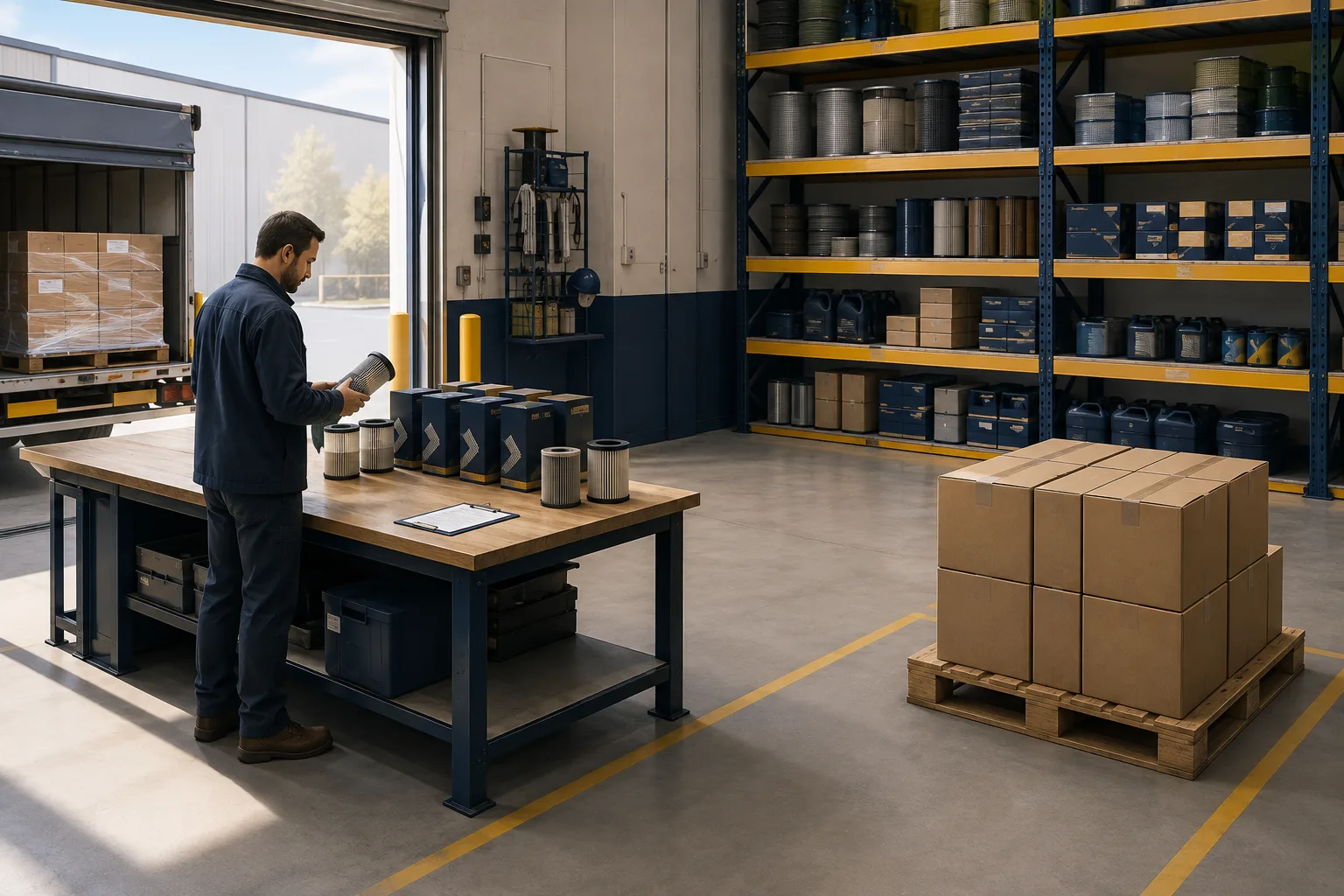 Illustration of a storekeeper checking delivered filters at a receiving bench separate from stored stock