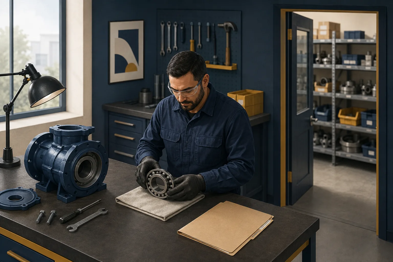 Illustration of a technician preparing a bearing and stopped pump component beside a maintenance job folder