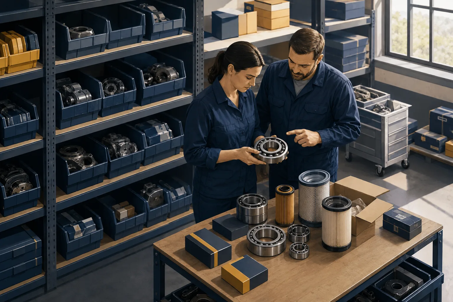 Illustration of a technician and storekeeper identifying a bearing in an organized maintenance parts storeroom