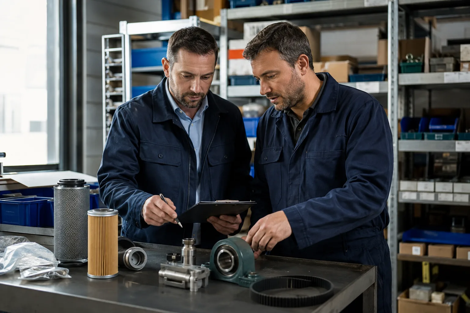 A purchaser and technician review required parts in a storeroom