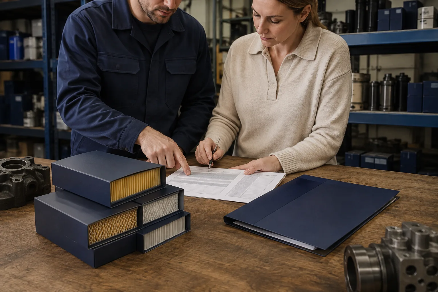 Two maintenance staff compare filters with a draft purchase document
