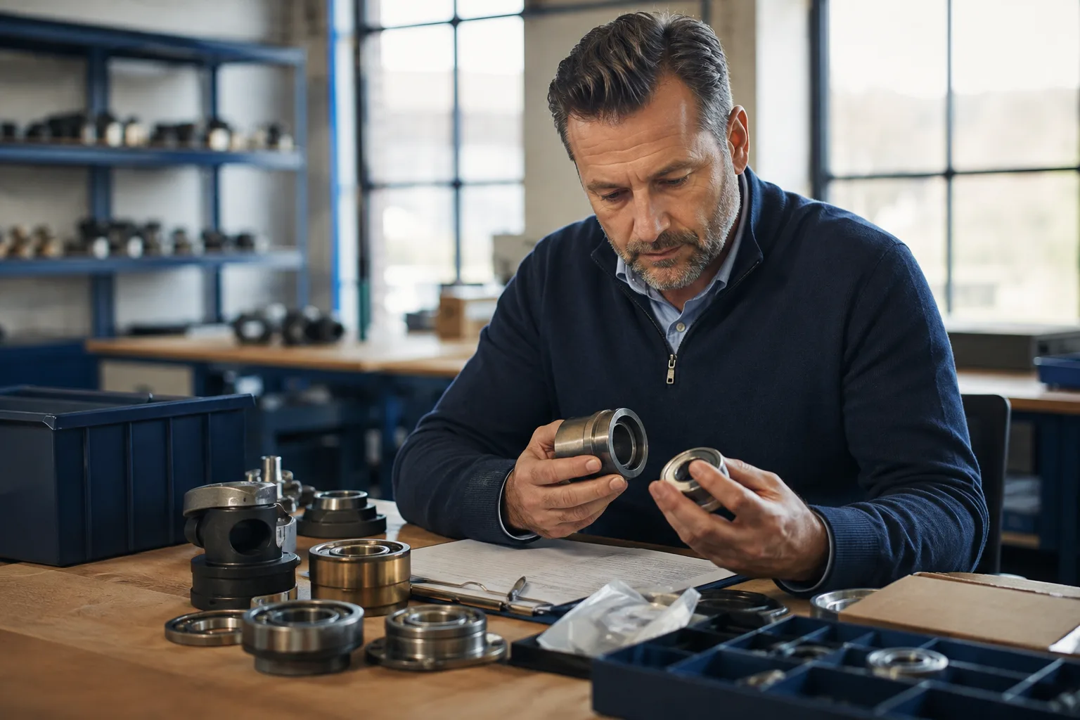 A purchaser compares physical part samples to verify their identity and units