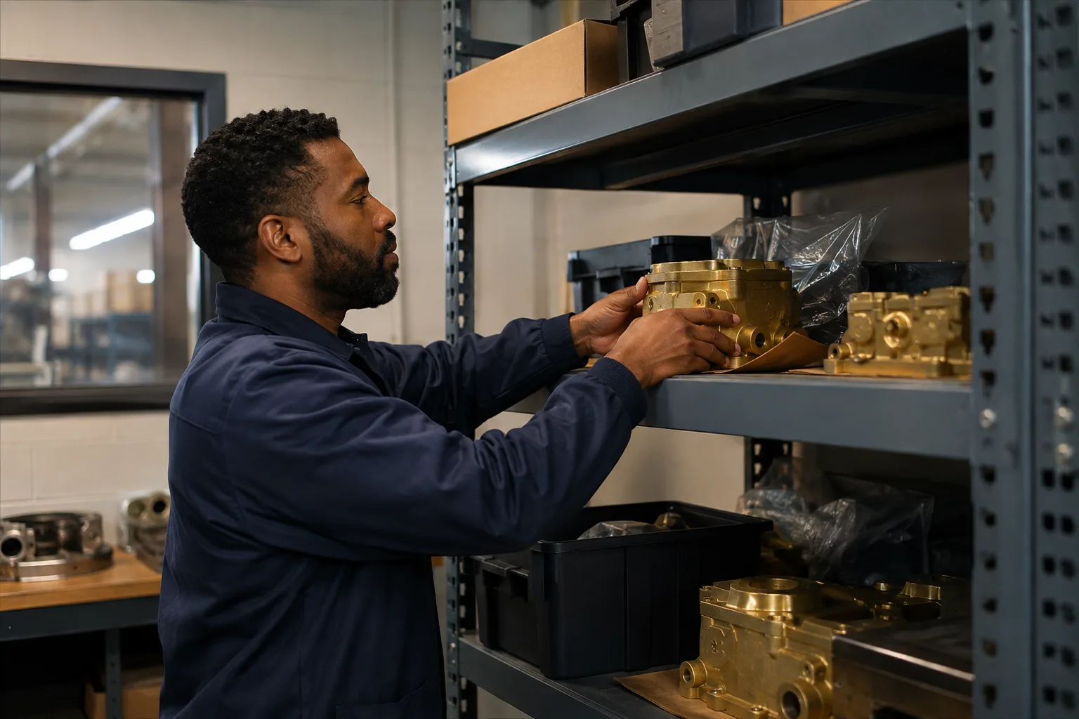 A storekeeper places received maintenance parts on the correct shelf