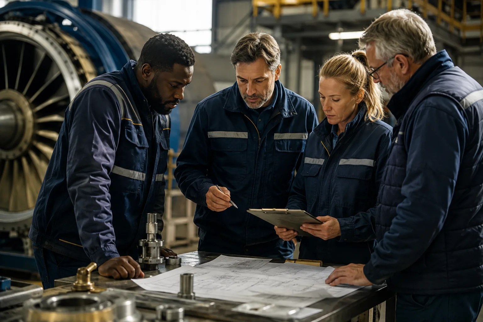 A maintenance team reviews outstanding purchases alongside repair plans