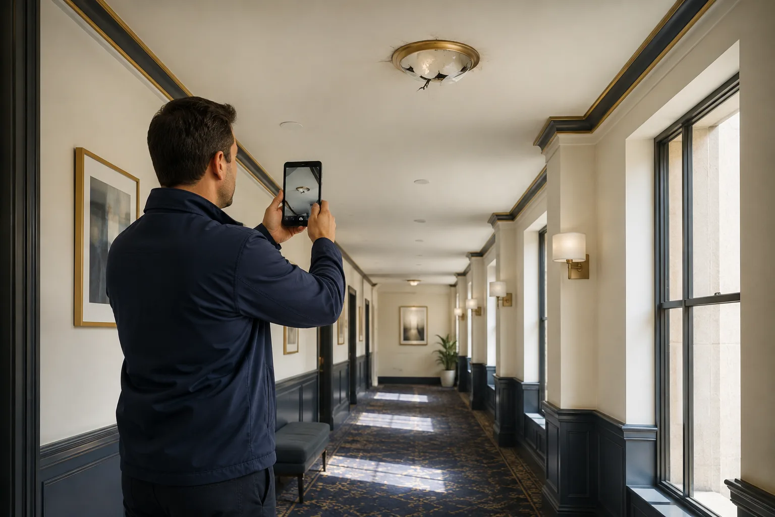 A facilities employee documents a damaged corridor light from a distance