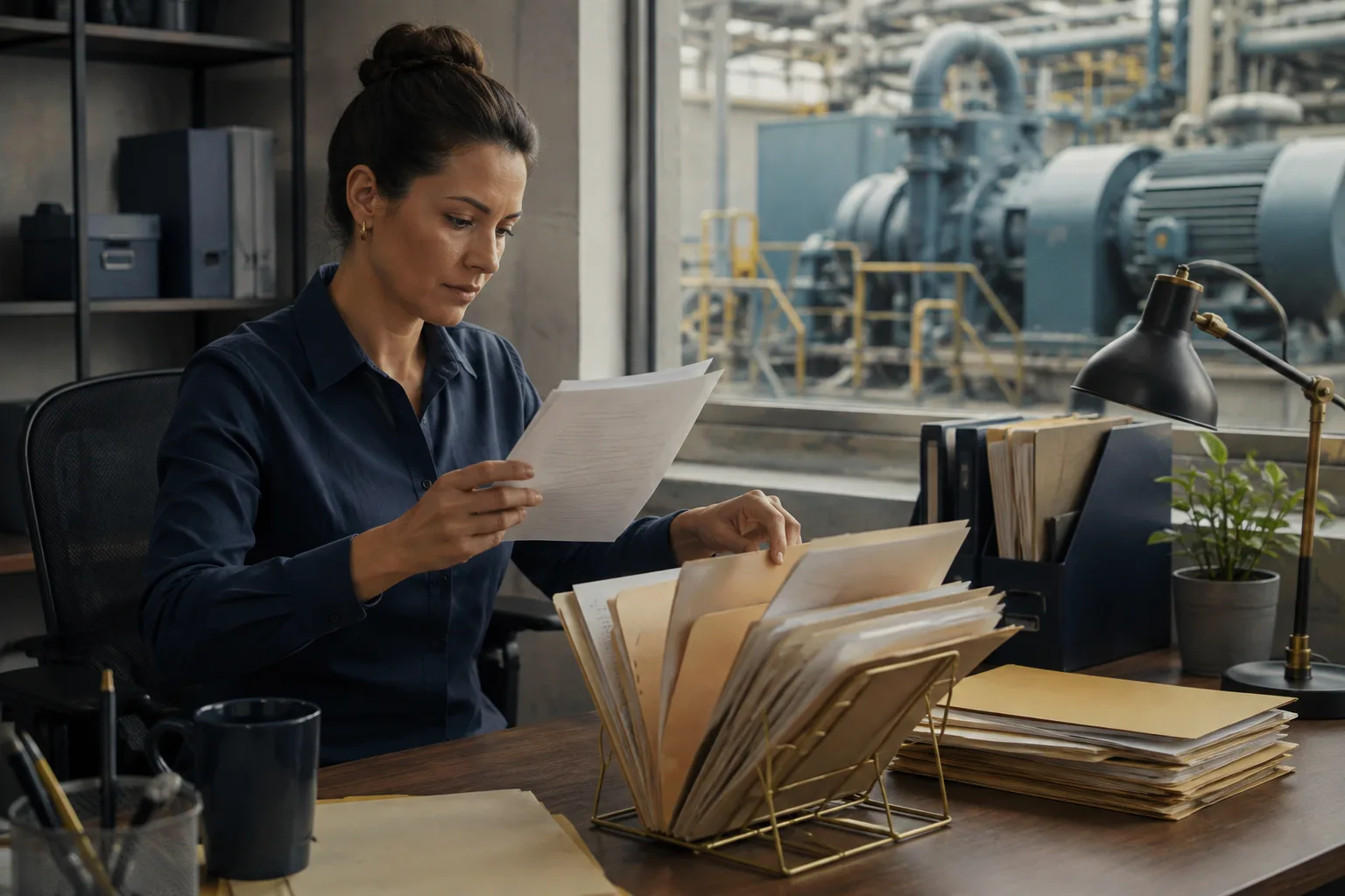 A planner sorts incoming maintenance request forms into review folders