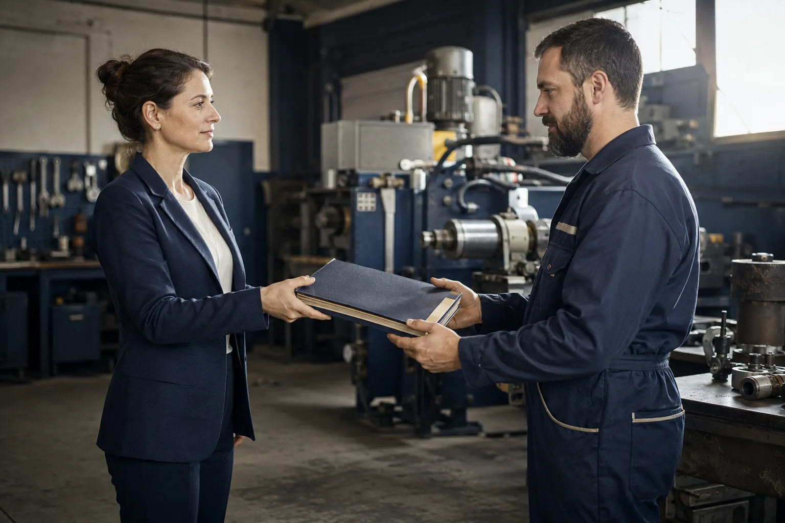 A coordinator hands a reviewed work folder to a maintenance technician