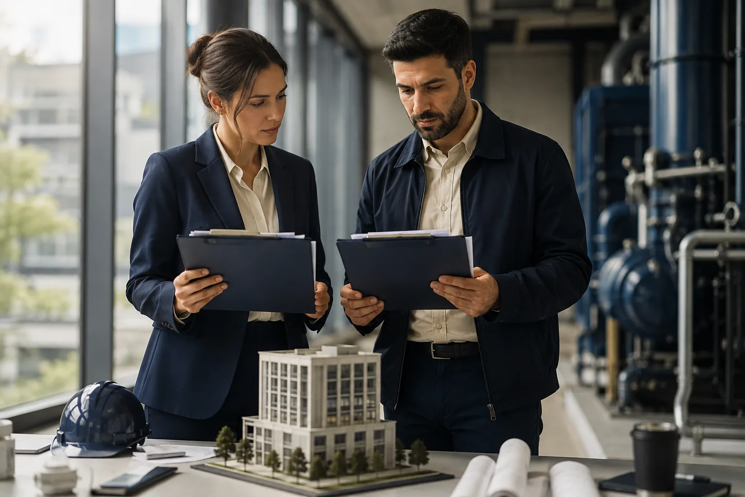 Two coordinators compare maintenance reports beside a model building
