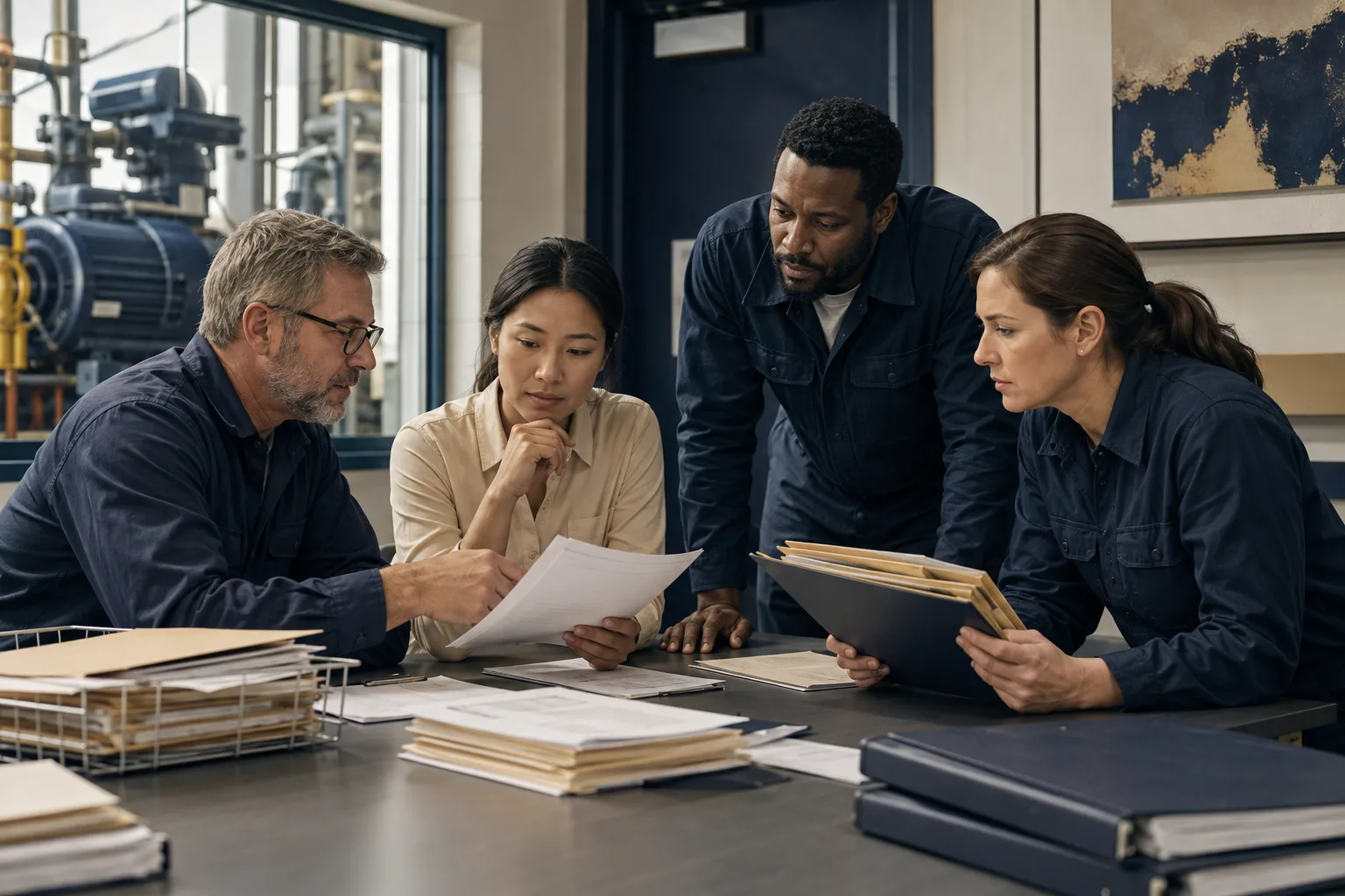 A maintenance team reviews request forms and completed work folders together