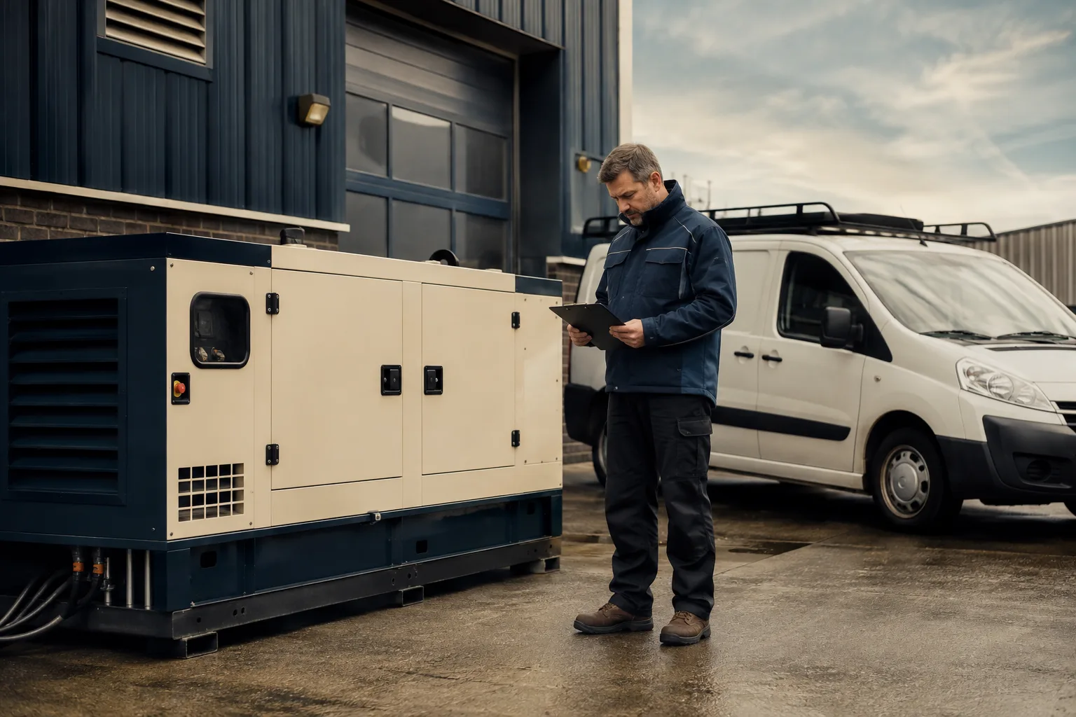 A maintenance planner checks records beside a parked van and stationary generator