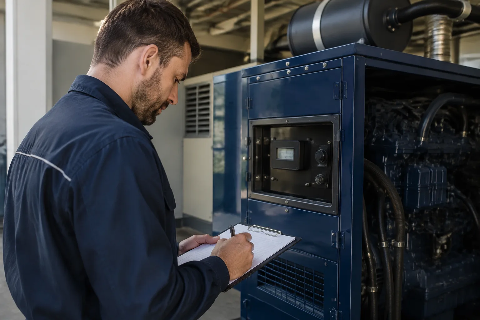 A technician records a generator meter reading on a clipboard