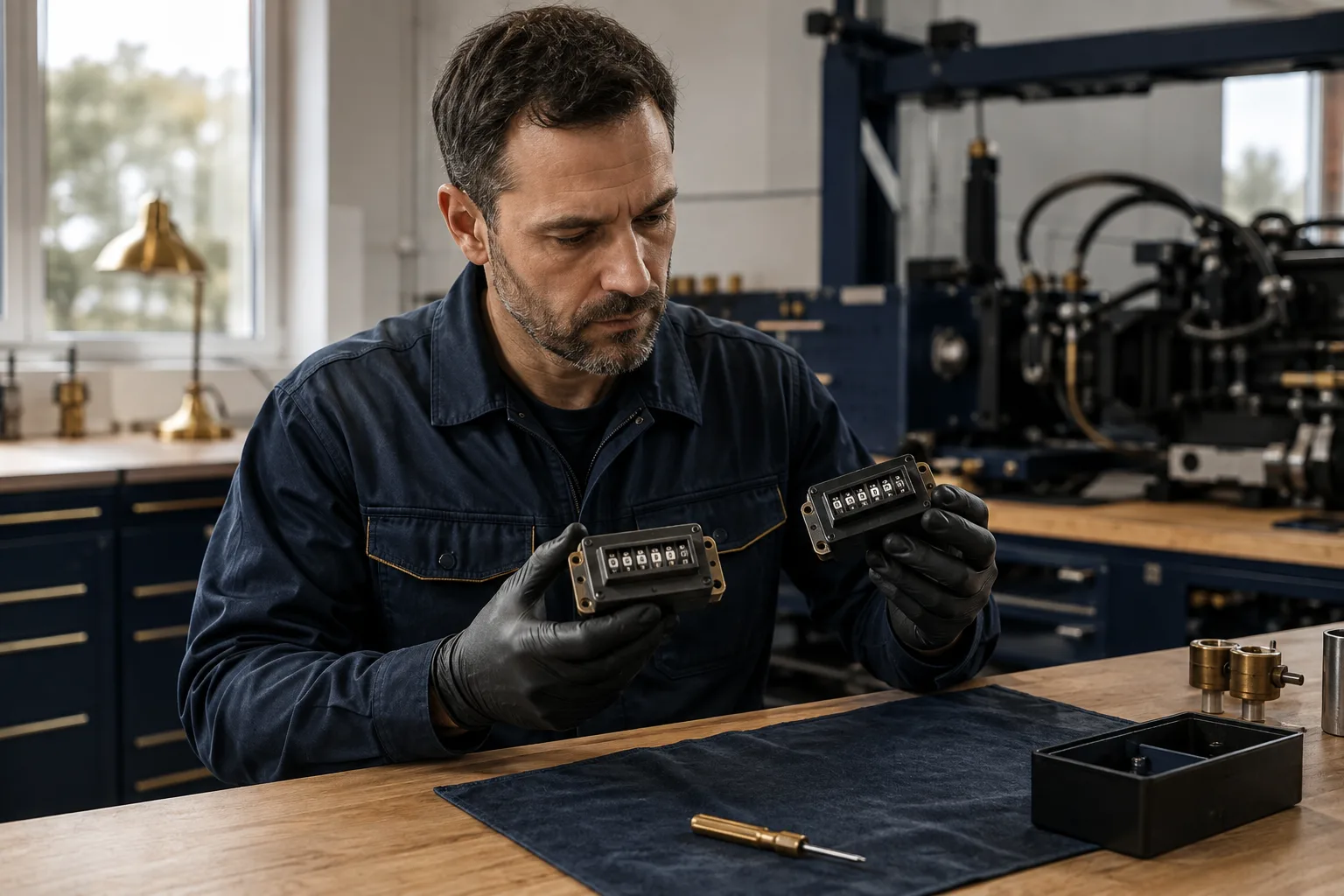 A technician compares an old usage counter with its replacement