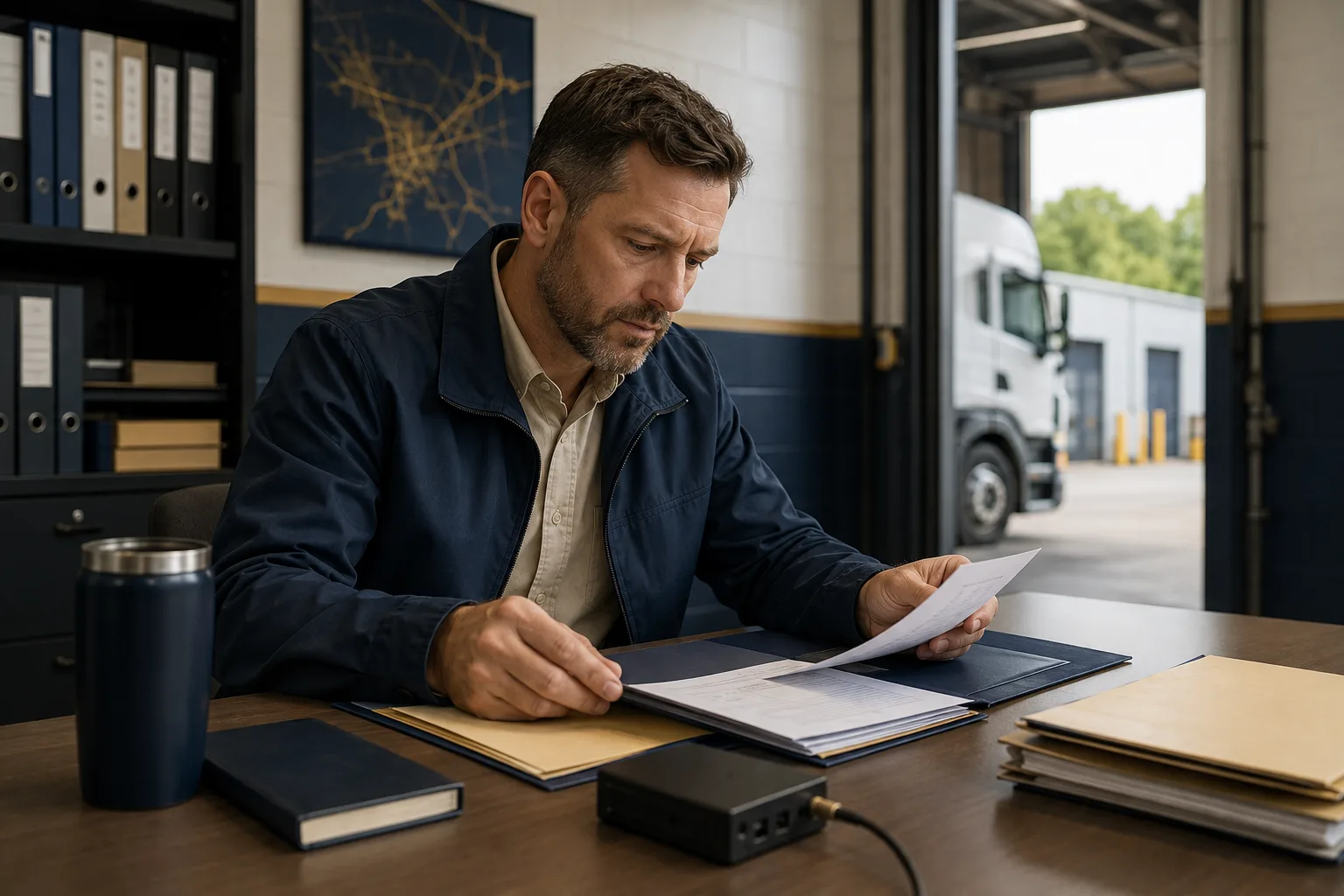 A fleet coordinator reviews vehicle records beside a telematics device