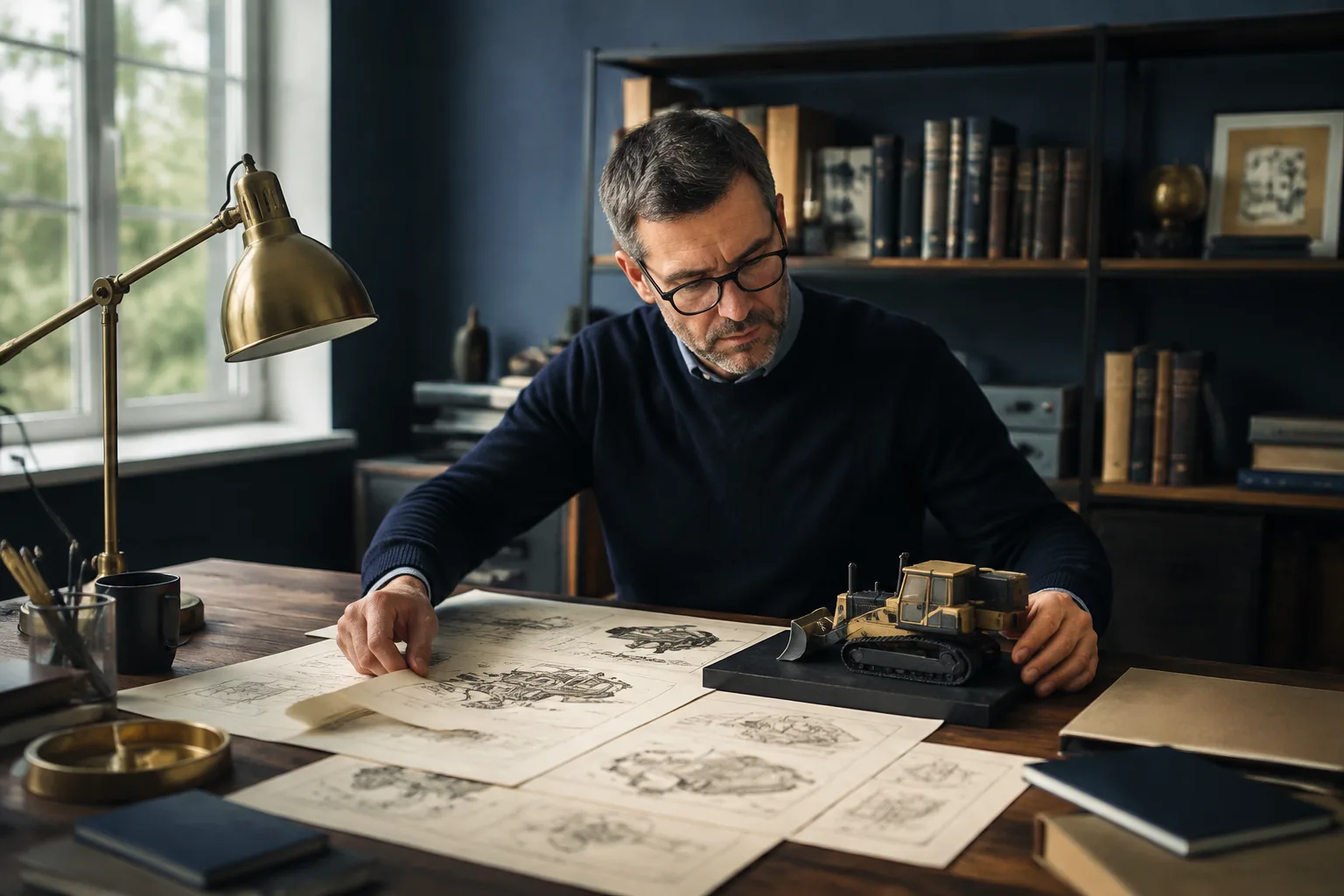 An editor reviews maintenance reference sheets beside a machinery model