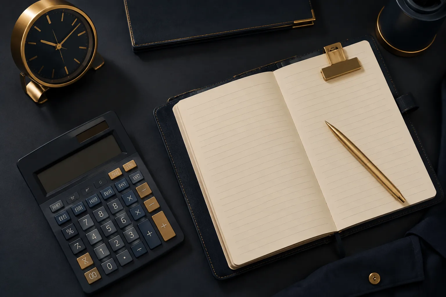 A calculator, clock and notebook represent reliability calculation inputs