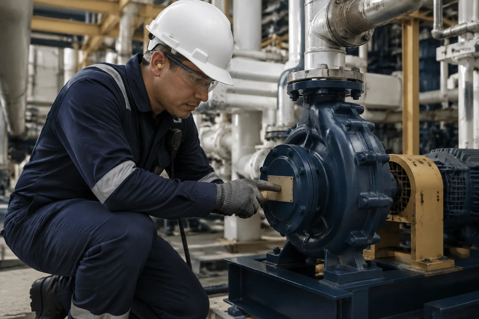 A technician verifies the asset identification plate on an industrial pump