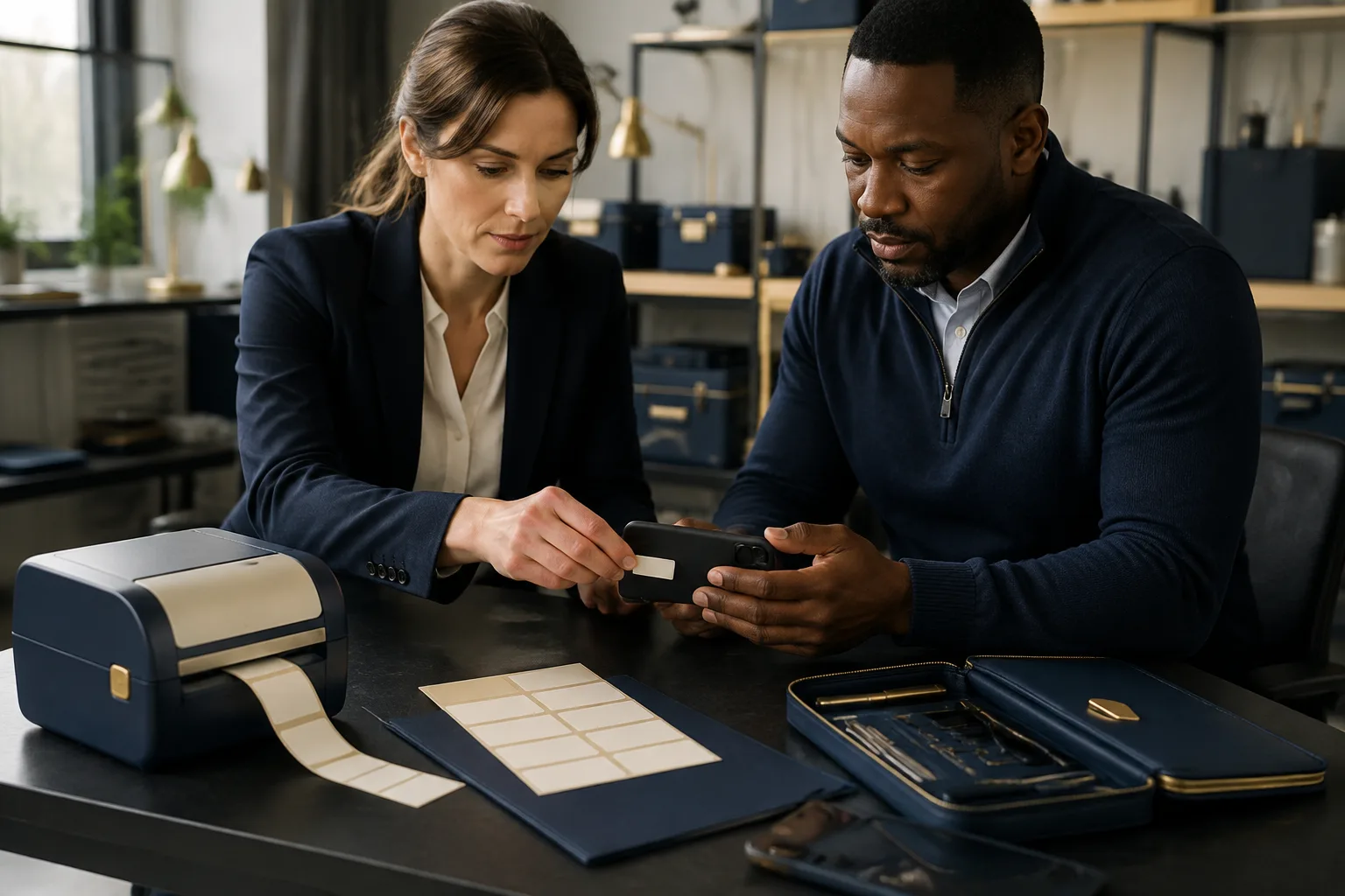 A label printer, plain tags and phone support an asset-label preparation task