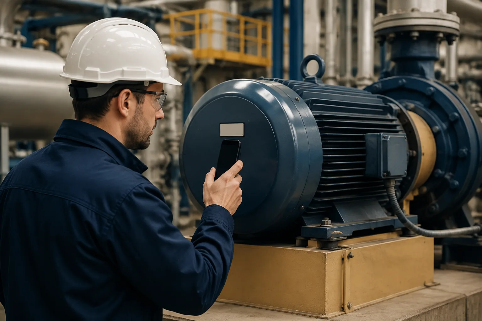 A technician holds a phone beside an equipment identification label
