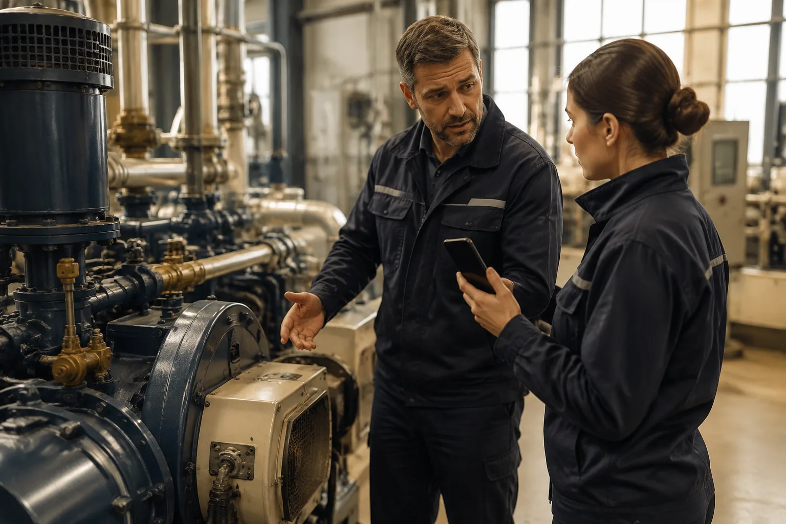 Maintenance staff discuss an observed equipment issue while holding a phone