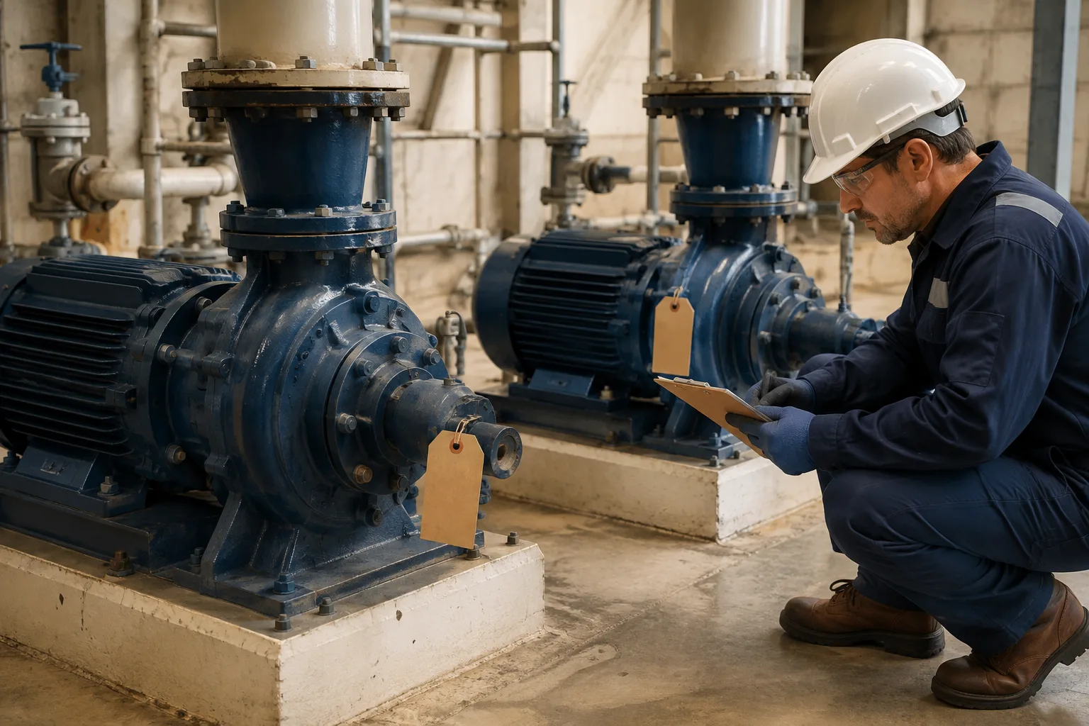 A technician reconciles two similar pumps with separate asset tags